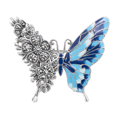 Half Floral, Half Enamel Blue Butterfly Marcasite Brooch